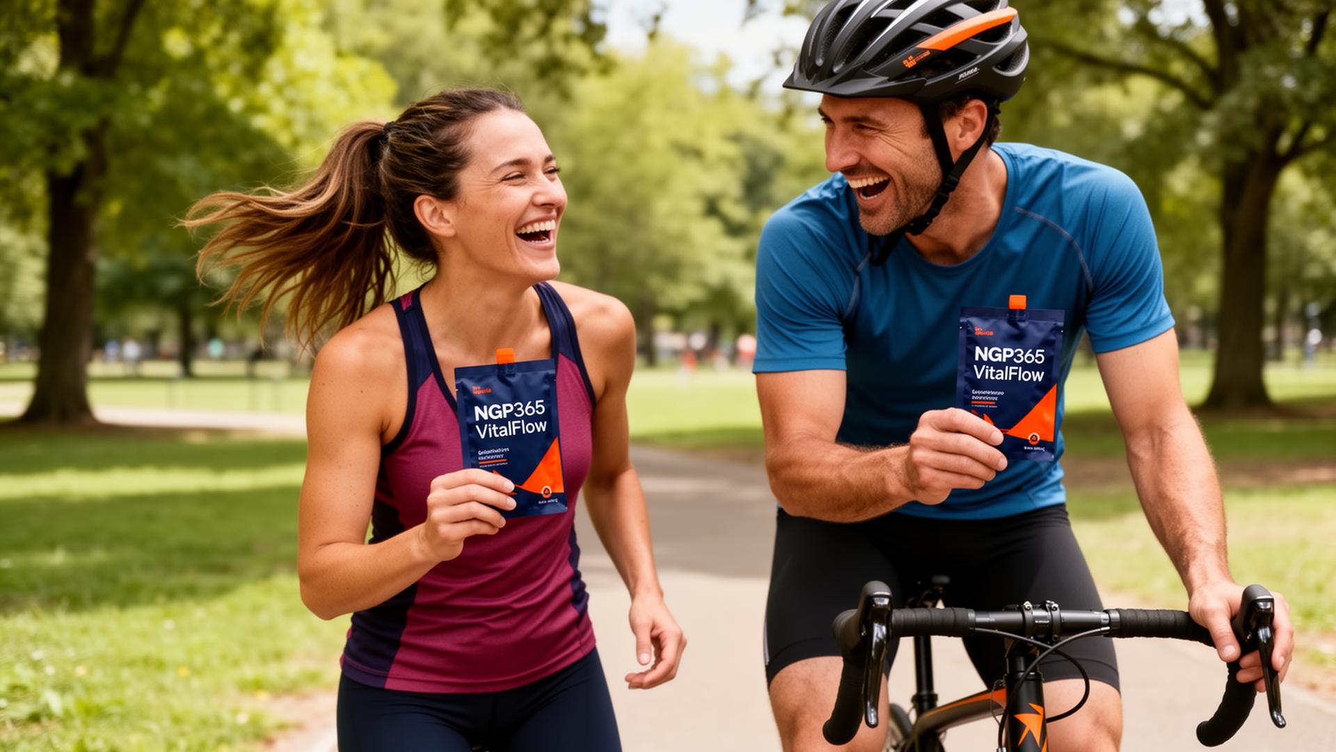 Adultos activos disfrutando NGP365 VitalFlow tras correr y andar en bicicleta
